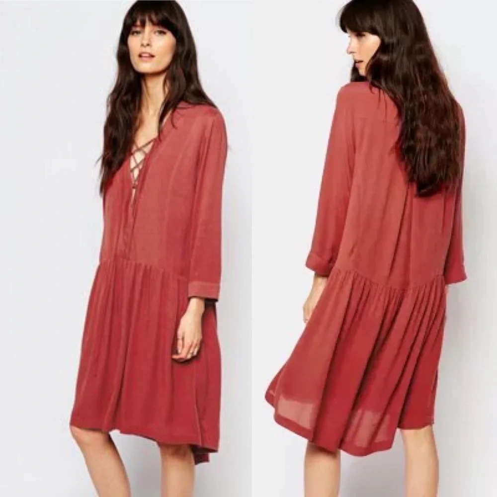 Just Female Terracotta Rust Red Canyon Tie Lace Up Front Smock Dress Size XS